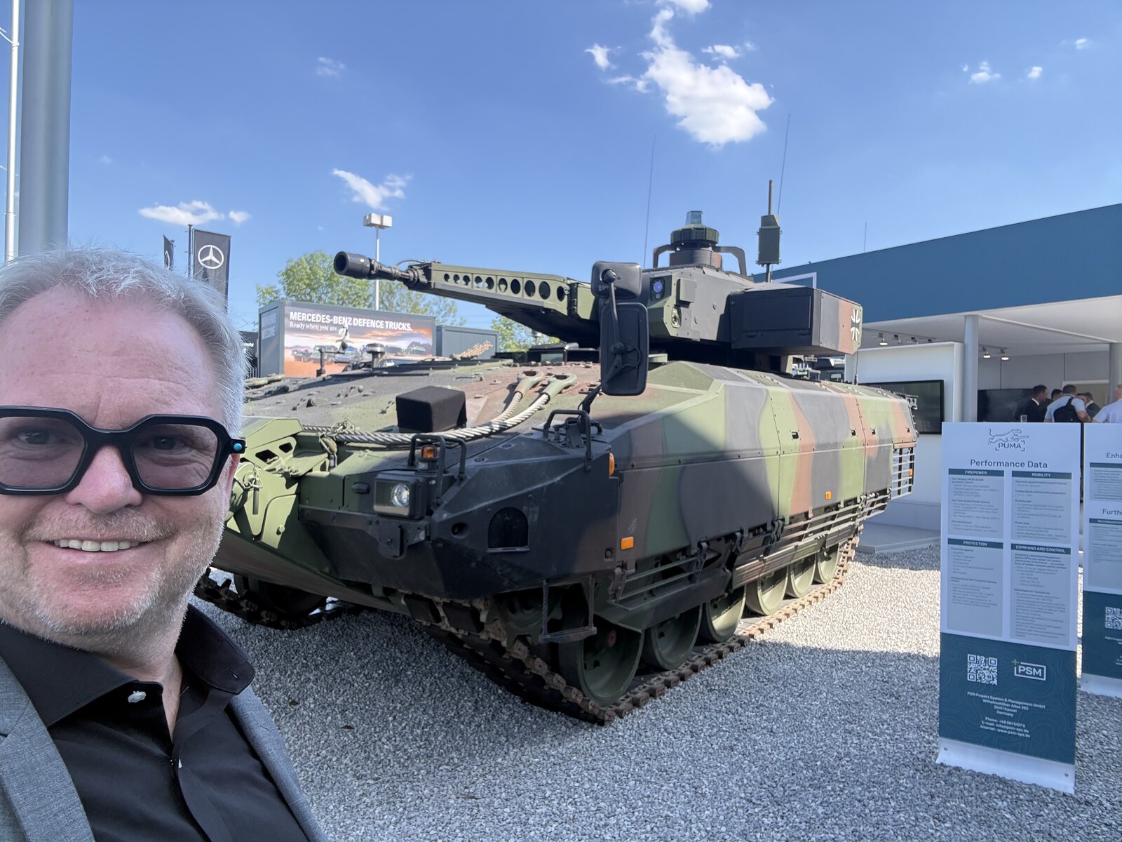 Markus Gotthard Dold at Eurosatory Paris 2026 with defense technology in the background.